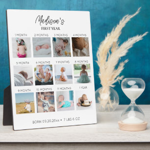 Baby's eerste jaar foto collage geboorte statistie fotoplaat