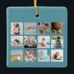 Baby's eerste jaar Foto collage geboorte Stats Blu Keramisch Ornament<br><div class="desc">Een mooie manier om je baby's eerste jaar te herinneren. Leg je herinneringen van je pasgeborene voor altijd vast met deze foto-baby collage keepasje met de naam van de baby, de geboortedatum en een aangepaste foto voor elke maand van het eerste jaar van je baby. Pas de foto's en tekst...</div>