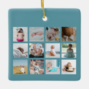 Baby's eerste jaar Foto collage geboorte Stats Blu Keramisch Ornament