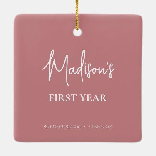 Baby's eerste jaar Foto collage geboorte Stats Pin Keramisch Ornament (Achterkant)