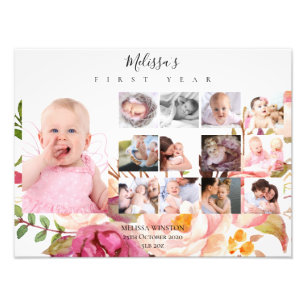 Baby's eerste jaar Foto Collage Keepslag Floral Afdruk