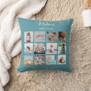 Baby's Eerste Jaar Fotocollage Geboorte Statistiek Kussen