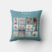 Baby's Eerste Jaar Fotocollage Geboorte Stats Blau Kussen (Achterkant)