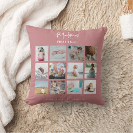 Baby's Eerste Jaar Fotocollage Geboorte Stats Roze Kussen