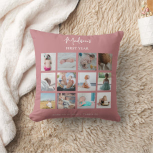 Baby's Eerste Jaar Fotocollage Geboorte Stats Roze Kussen
