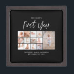 Baby's eerste jaar fotocollage schrift premium bewaar doosje<br><div class="desc">Baby's eerste jaar foto-inkuilschrift zwart-wit modern,  hedendaags eerste verjaardag of kerstcadeau.</div>