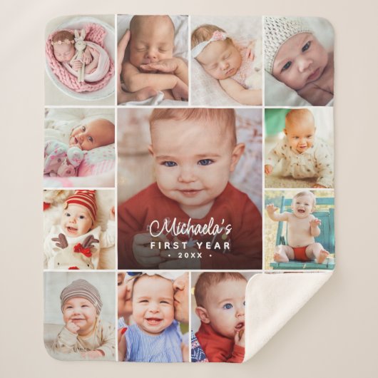 Baby's Eerste Jaar Fotocollage Sherpa Deken (Voorkant)