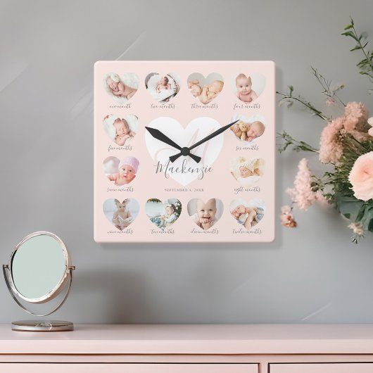 Baby's eerste jaar Hart Foto Keepslag Collage Vierkante Klok