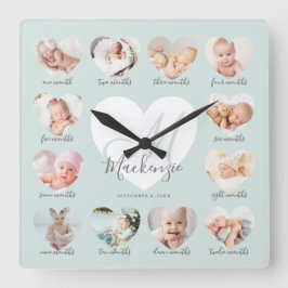 Baby's eerste jaar Hart Foto Keepslag Collage Vierkante Klok