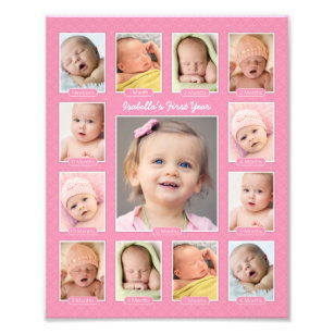 Babys eerste jaar Roze Keepomwille Foto Collage Foto Afdruk