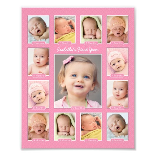 Babys eerste jaar Roze Keepomwille Foto Collage Foto Afdruk (Voorkant)