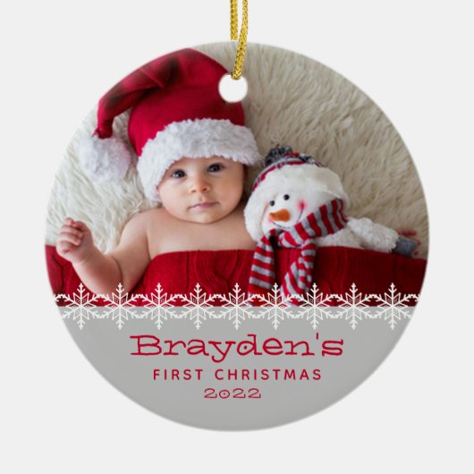 Baby's eerste kerst 2023 foto rood grijs keramisch ornament (Voorkant)