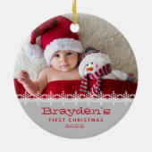 Baby's eerste kerst 2023 foto rood grijs keramisch ornament (Achterkant)