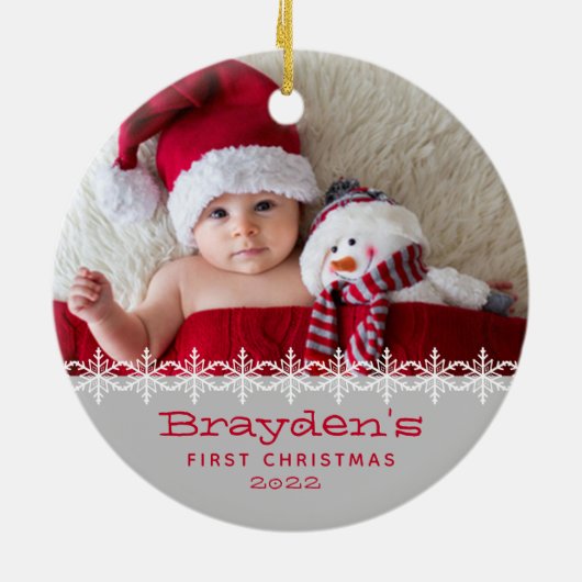Baby's eerste kerst 2023 foto rood grijs keramisch ornament (Achterkant)