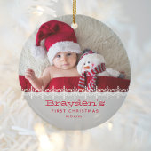 Baby's eerste kerst 2023 foto rood grijs keramisch ornament