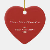 Baby's Eerste Kerst 2025 Gepersonaliseerd Rood Keramisch Ornament (Achterkant)