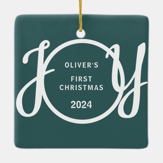 Baby's Eerste Kerst Aangepaste Naam Groene Keepsak Keramisch Ornament (Achterkant)