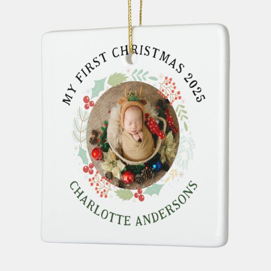 Baby's Eerste Kerst Aangepaste Naam Keramisch Ornament (Links)