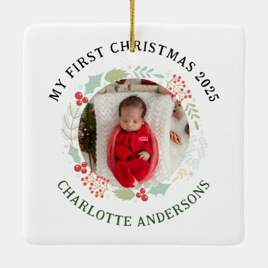 Baby's Eerste Kerst Aangepaste Naam Keramisch Ornament (Achterkant)