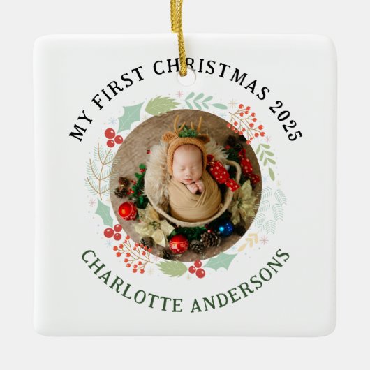 Baby's Eerste Kerst Aangepaste Naam Keramisch Ornament (Voorkant)