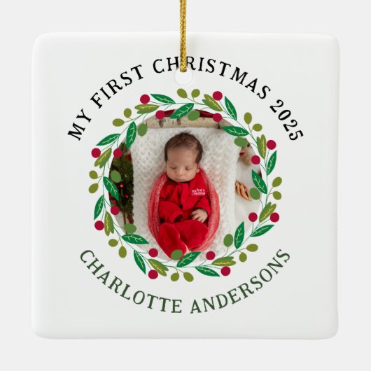 Baby's Eerste Kerst Aangepaste Naam Keramisch Ornament (Achterkant)