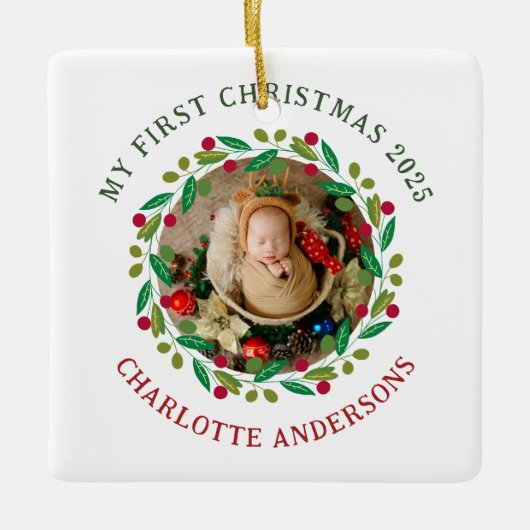 Baby's Eerste Kerst Aangepaste Naam Keramisch Ornament (Voorkant)