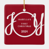 Baby's Eerste Kerst Aangepaste Naam Red Keepsake C Keramisch Ornament (Achterkant)