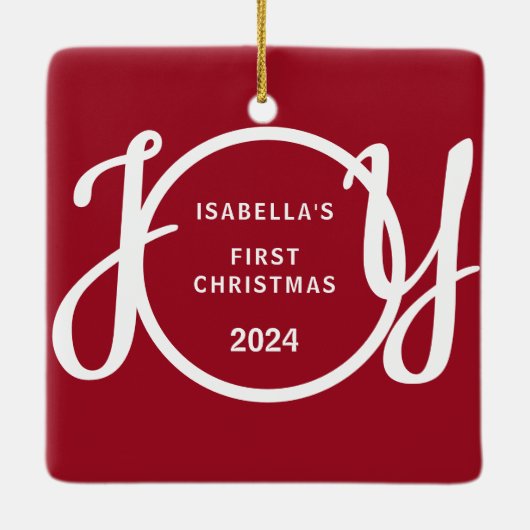Baby's Eerste Kerst Aangepaste Naam Red Keepsake C Keramisch Ornament (Achterkant)