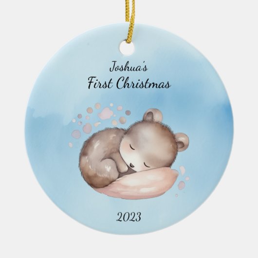 Baby's eerste kerst Beer blauw gepersonaliseerd Keramisch Ornament (Voorkant)