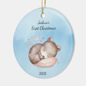 Baby's eerste kerst Beer blauw gepersonaliseerd Keramisch Ornament (Links)
