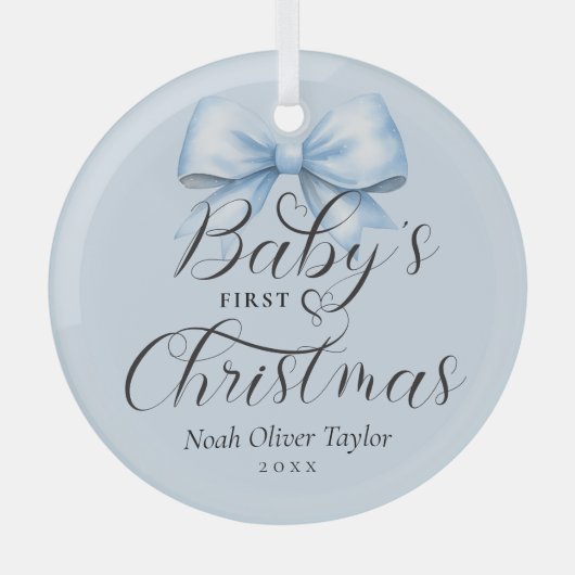 Baby's Eerste Kerst Blauwe Bow Keepsake Glas Ornament (Voorkant)