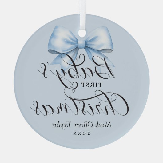 Baby's Eerste Kerst Blauwe Bow Keepsake Glas Ornament (Achterkant)