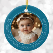 Baby's Eerste Kerst Blauwgroen Modern 2 Foto Pasge Keramisch Ornament