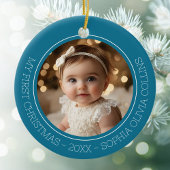 Baby's Eerste Kerst Blauwgroen Modern 2 Foto Pasge Keramisch Ornament