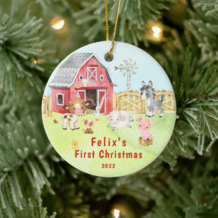 Baby's eerste kerst boerderij vrienden 2-zijdige f keramisch ornament