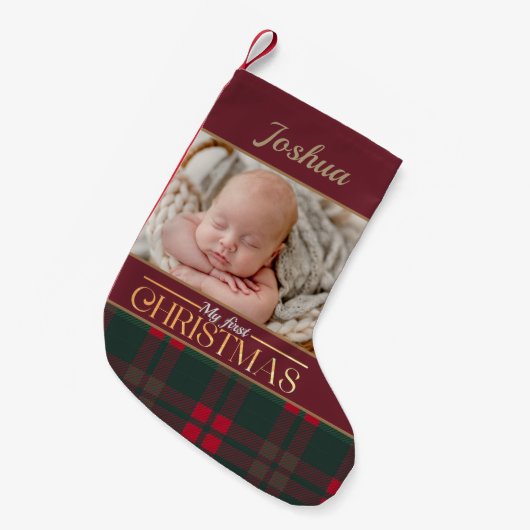 Baby's eerste kerst buffel geruite patroon foto kleine kerstsok (Voorkant (Hangend))