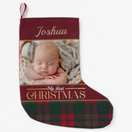 Baby's eerste kerst buffel geruite patroon foto kleine kerstsok