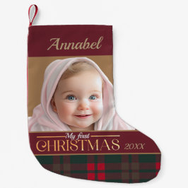 Baby's eerste kerst buffel geruite patroon foto kleine kerstsok