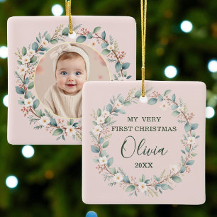 Baby's Eerste Kerst Classic Bloemen Lijst Roze Keramisch Ornament