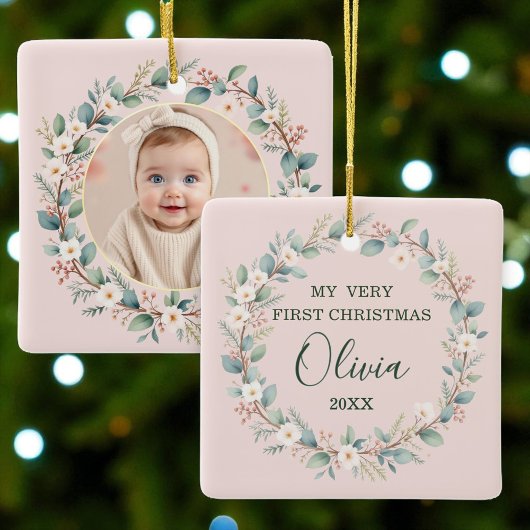 Baby's Eerste Kerst Classic Bloemen Lijst Roze Keramisch Ornament