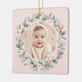Baby's Eerste Kerst Classic Bloemen Lijst Roze Keramisch Ornament (Links)