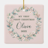 Baby's Eerste Kerst Classic Bloemen Lijst Roze Keramisch Ornament (Achterkant)