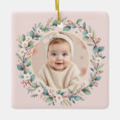 Baby's Eerste Kerst Classic Bloemen Lijst Roze Keramisch Ornament (Voorkant)