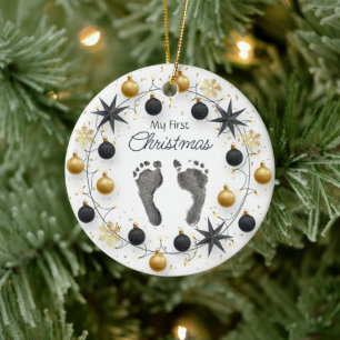 Baby's Eerste Kerst Custom Foot Prints Goud Keramisch Ornament