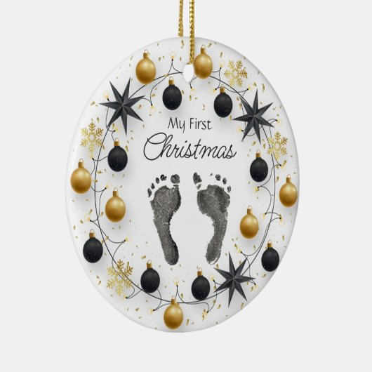 Baby's Eerste Kerst Custom Foot Prints Goud Keramisch Ornament (Rechts)