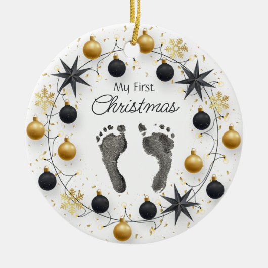 Baby's Eerste Kerst Custom Foot Prints Goud Keramisch Ornament (Voorkant)