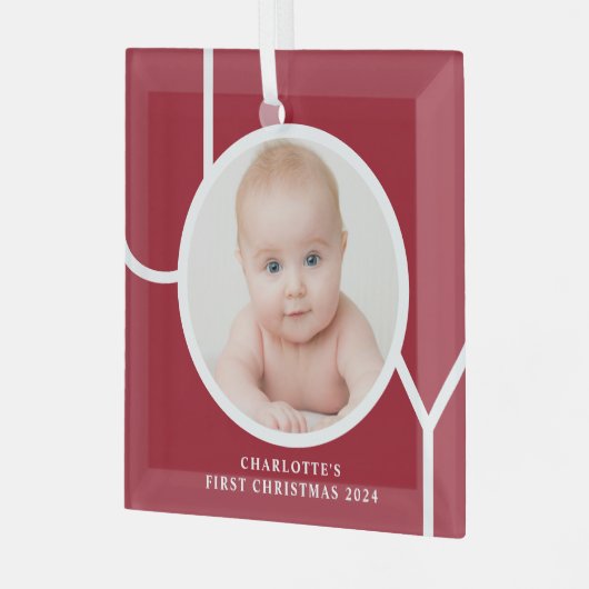 Baby's Eerste Kerst Custom Keepsake Foto Rood Glas Ornament (Voorkant links)