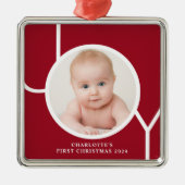 Baby's Eerste Kerst Custom Keepsake Rode Foto Metalen Ornament (Voorkant)