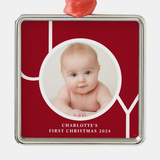 Baby's Eerste Kerst Custom Keepsake Rode Foto Metalen Ornament (Voorkant)