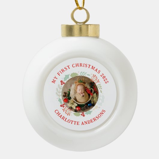 Baby's Eerste Kerst Custom Naam Foto Keramische Bal Ornament (Voorkant)